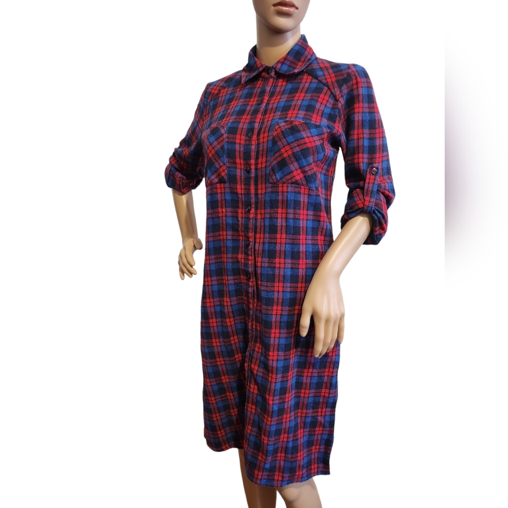 Red & Blue Stylish Plaids! Versatile, Side splits, Chest Pockets, Knee Length SM